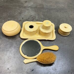 Vintage Dubarry Pyralin Vanity Set Mirror Brush Jars Tray Yellow